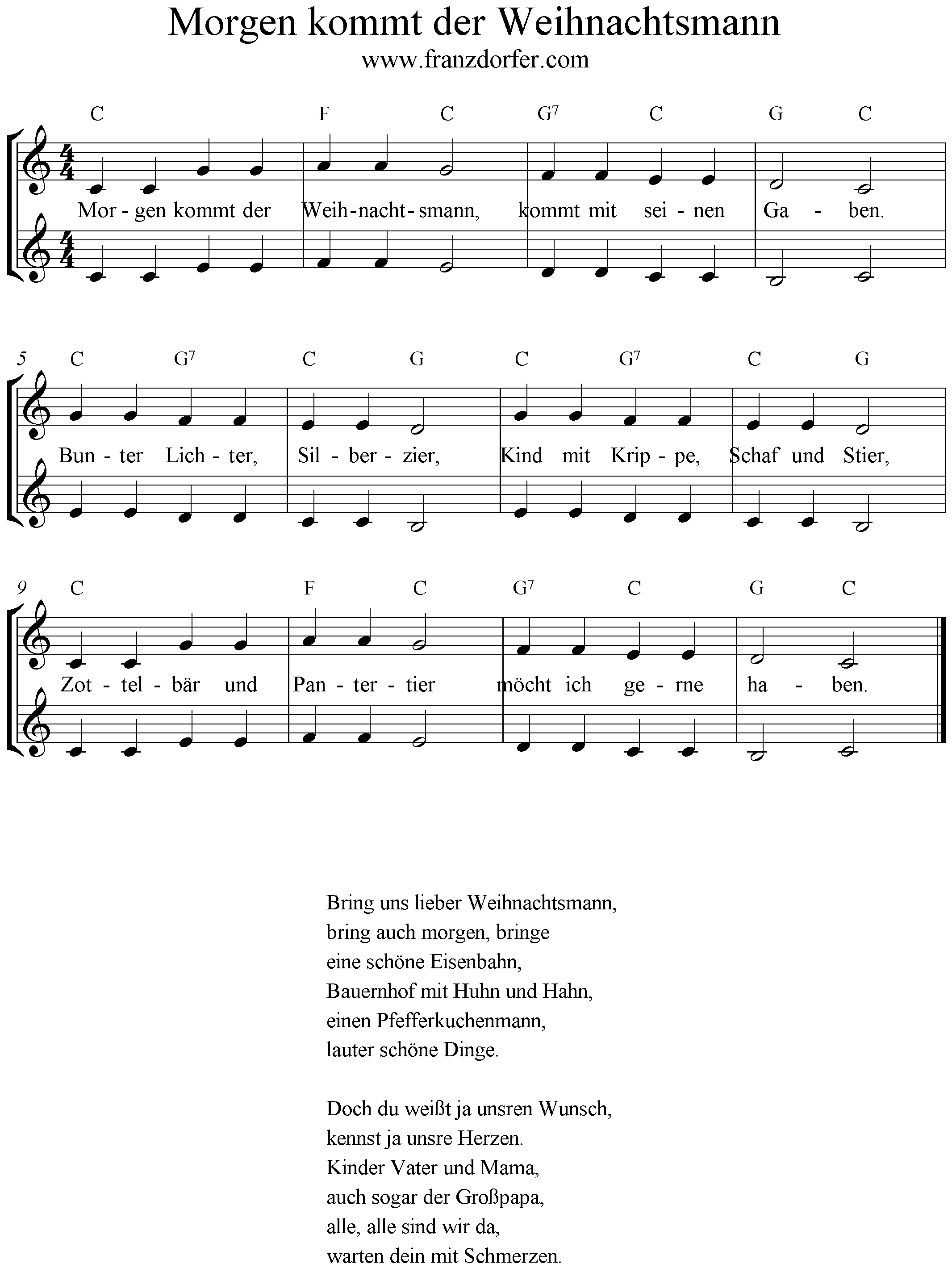 Noten Morgen kommt der Weihnachtsmann 2stimmig